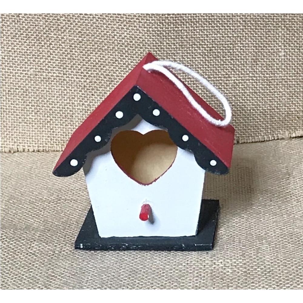 Handmade Wood Birdhouse Ornament Decor Black White Red Polka Dot Trim Whimsical
